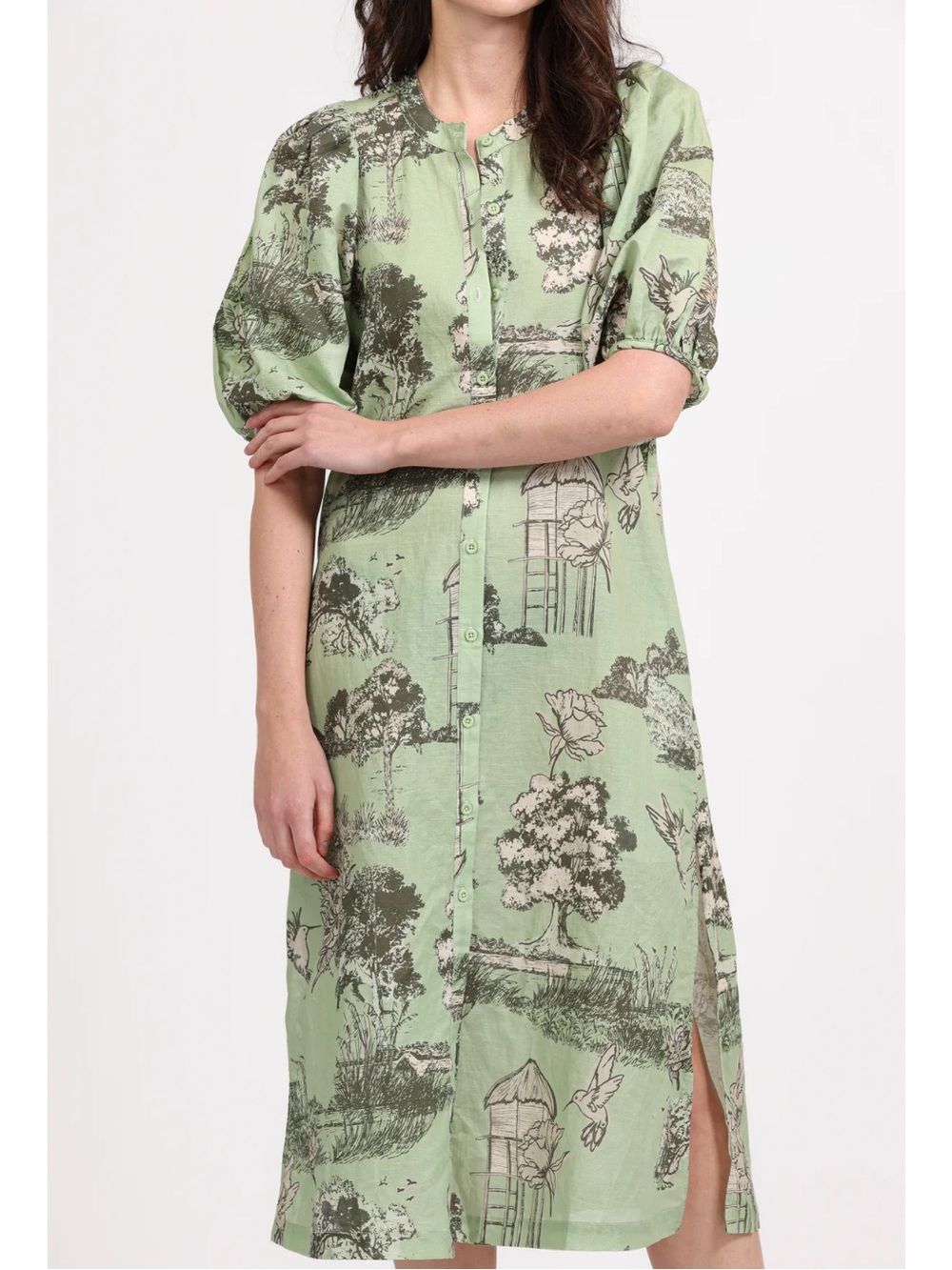 Green Printed Midi Shirt Dress - Lightweight Button-Front